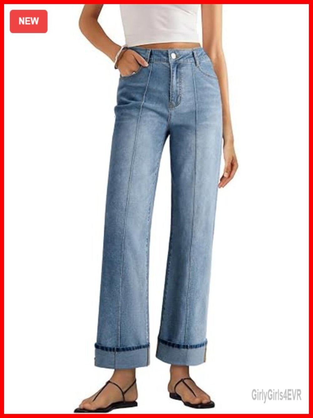 High Waisted Wide Leg Cuffed Baggy Stretchy Denim Jeans with Pockets